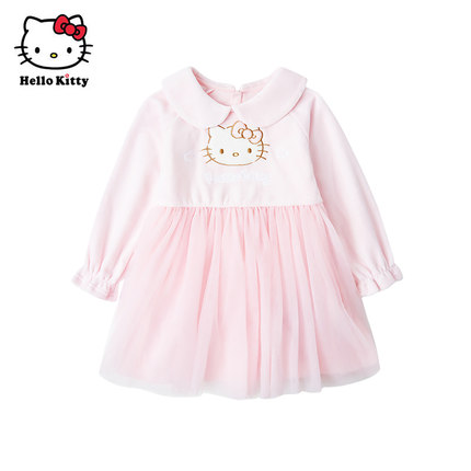 Hello Kitty女童秋季天鹅绒长袖连衣裙甜美网纱裙子洋装