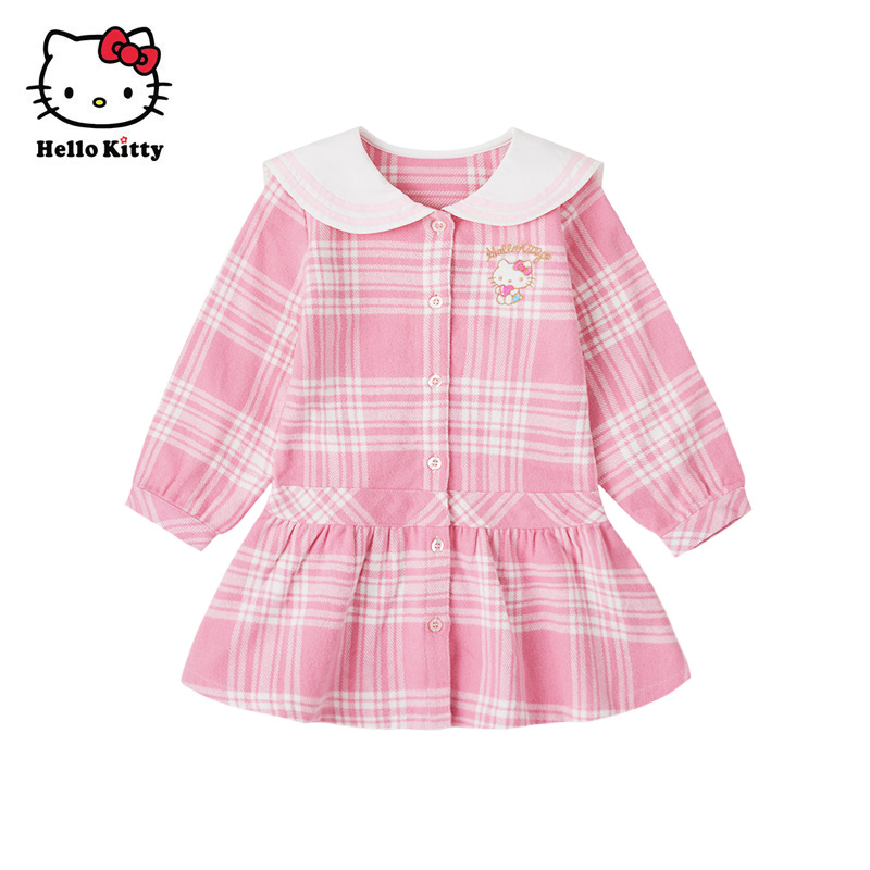 Hello Kitty凯蒂猫童装秋女童纯棉格子连衣裙儿童休闲学院风裙子