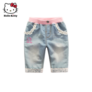 Hello Kitty凯蒂猫夏季女童牛仔中裤蕾丝边休闲裤子