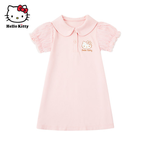 Hello Kitty童装女童夏短袖连衣裙洋装网纱泡泡袖休闲裙子
