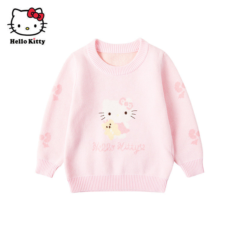 Hello Kitty童装秋款女童圆领套头纯棉毛衣保暖针织衫线衣