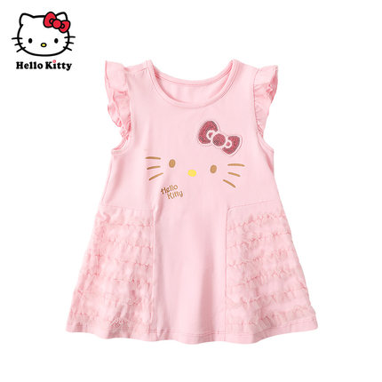 Hello Kitty童装女童夏季短袖棉连衣裙可爱拼接裙子
