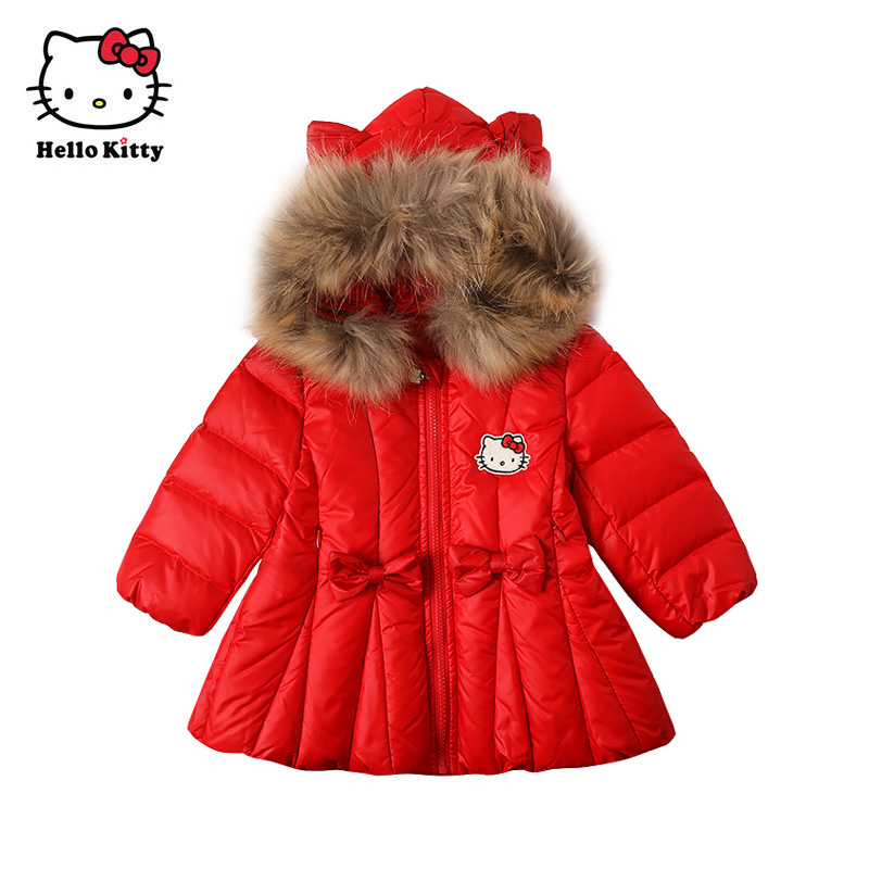 Hello Kitty童装女童白鸭绒中长款儿童保暖连帽羽绒服外套