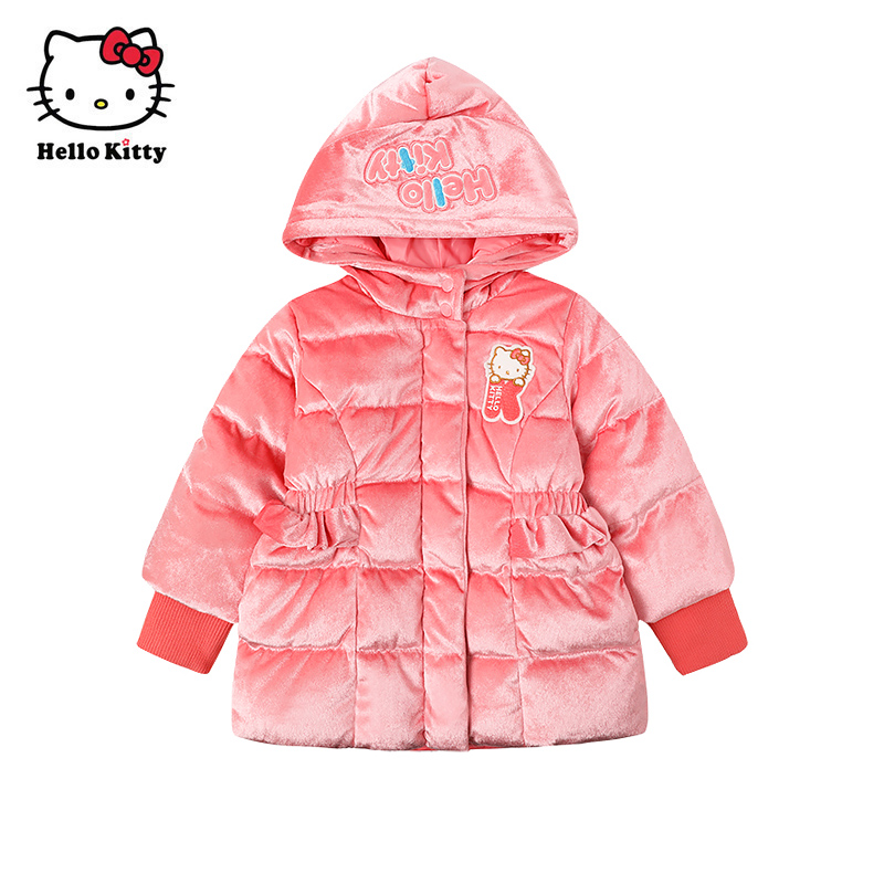 Hello Kitty童装女童冬中长款连帽羽绒外套白鸭绒保暖羽绒服