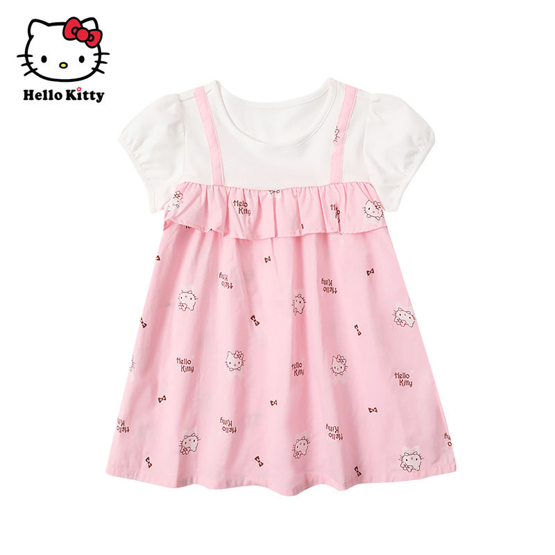 Hello Kitty童装女童夏棉假两件短袖连衣裙公主裙子洋装