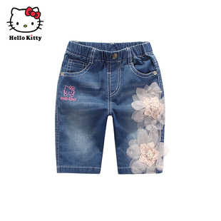 牛仔裤 Hello 夏季 五分裤 Kitty凯蒂猫女童花朵牛仔中裤