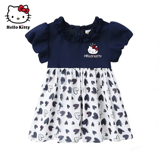 Hello Kitty凯蒂猫卡通印花雪纺连衣裙女童夏短袖裙子洋装
