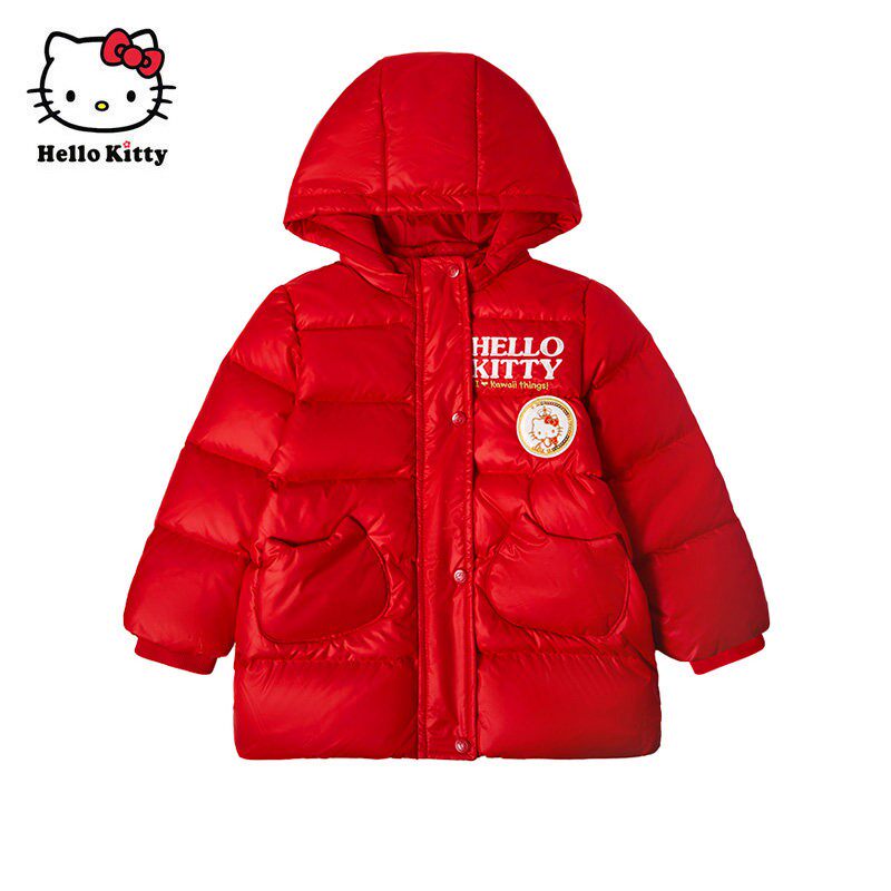 Hello Kitty凯蒂猫女童连帽羽绒服加厚中长款冬装外套白鸭绒