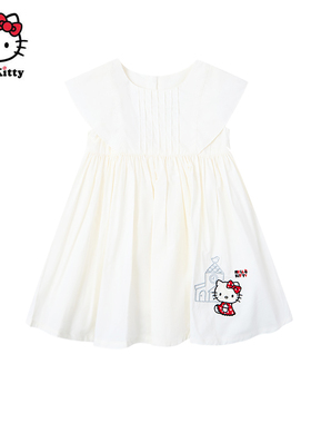 Hello Kitty凯蒂猫纯棉白色卡通连衣裙女童元气轻活风短袖洋装