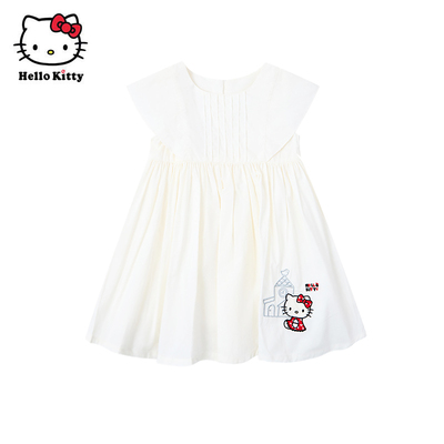 Hello Kitty凯蒂猫纯棉白色卡通连衣裙女童元气轻活风短袖洋装