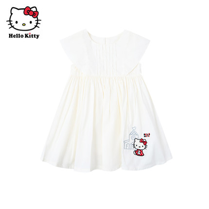 Hello Kitty凯蒂猫纯棉白色卡通连衣裙女童元气轻活风短袖洋装