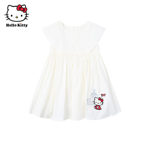 Hello Kitty凯蒂猫纯棉白色卡通连衣裙女童元气轻活风短袖洋装