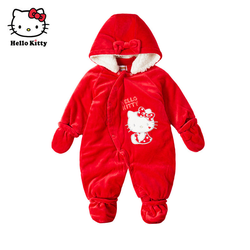 Hello Kitty女童夹棉连帽游戏装冬保暖婴儿连体衣宝宝棉服