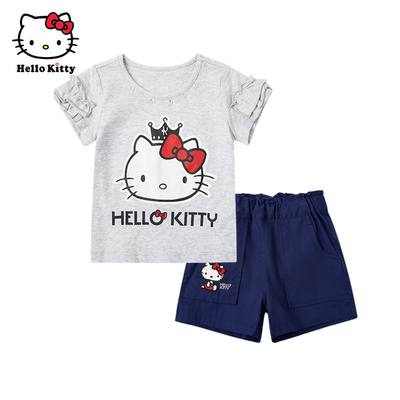 清仓Hello Kitty凯蒂猫女童夏季卡通可爱风棉短袖T恤短裤套装