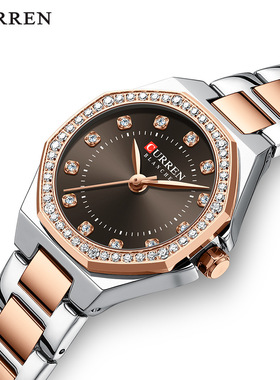 Curren卡瑞恩9100女士手表 时尚女表 休闲钢带表 菱形石英手表