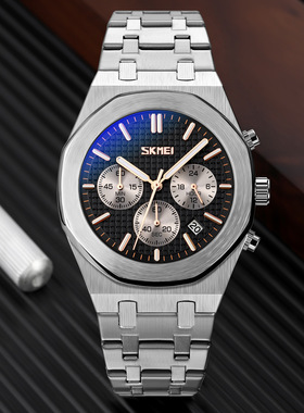 UMS计时码表三眼六针多功能男士手表钢带防水石英表商务腕表批发