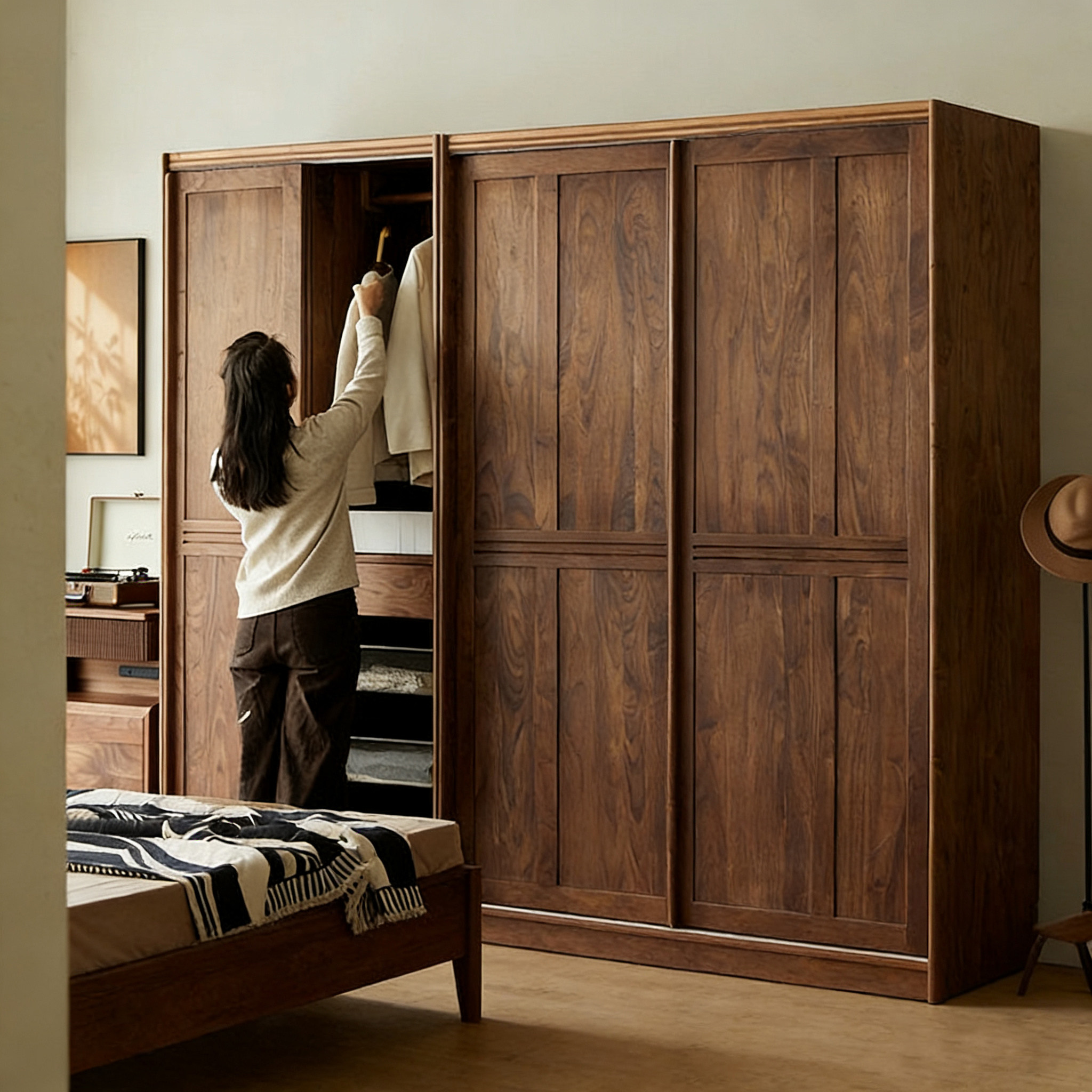 北美黑胡桃木衣柜气全实木推拉门收纳柜中古风卧室定制移门大衣橱