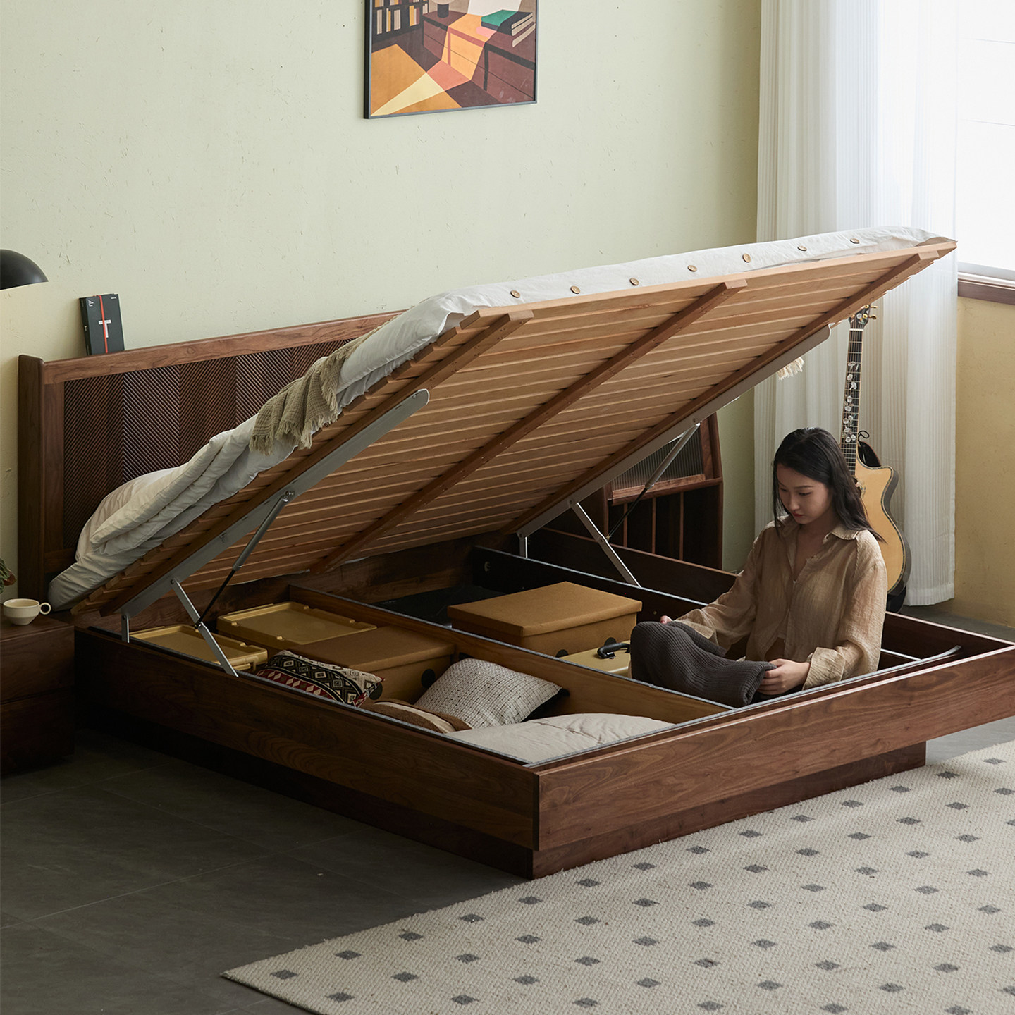 北美黑胡桃木实木箱体储物床北欧复古1.8米卧室原木实木床气压床,住宅家具,实木床,淘宝优惠券,粉丝福利购,淘宝优惠卷