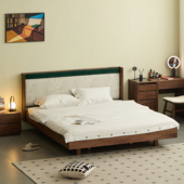 北美黑胡桃木悬浮实木床北欧简约樱桃木中古风软包床1.8米双人床