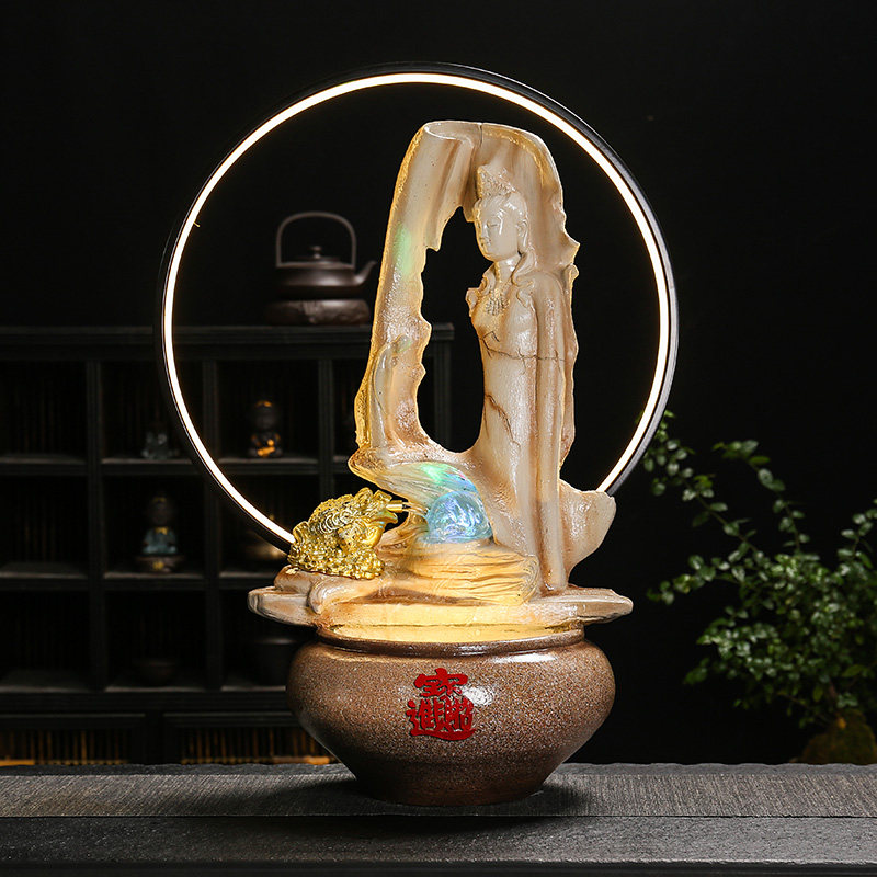 禅意观音佛像流水金蝉鱼缸盆景摆件简约家居客厅茶室桌面装饰夜灯