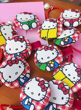 手工hello kitty布艺纽扣发夹少女女童发绳头绳高弹性发饰刘海夹