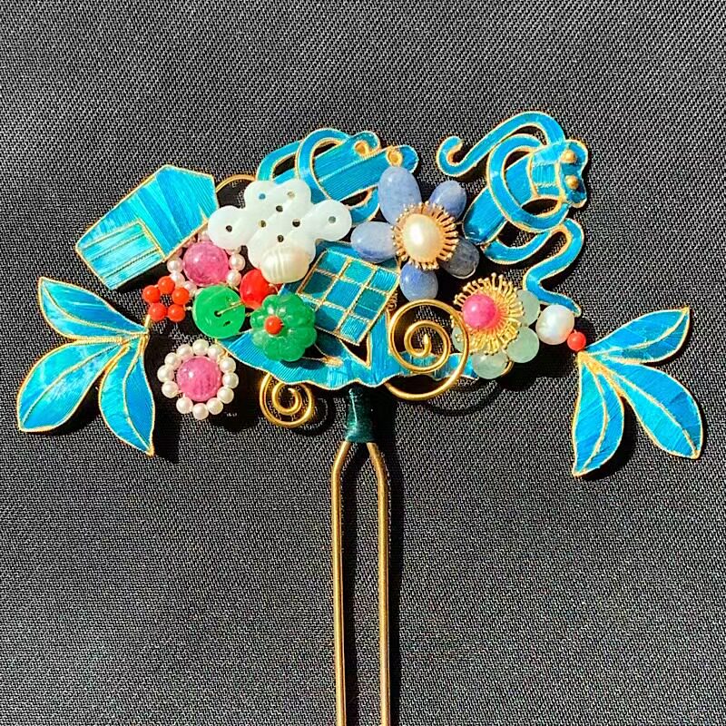 珠翠玉锦《云蔽月》纯银镀金仿点翠簪古风发簪汉服盘发头饰簪子