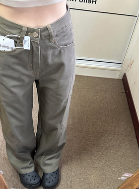 加长高个子咖绿色宽松阔腿工装裤女2024秋冬复古高腰直筒休闲长裤