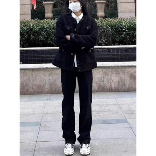 175高个子加长黑色薄绒牛仔裤女2024秋冬直筒宽松高腰显瘦拖地裤