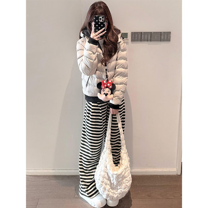 高个子加长黑白条阔腿裤女2025年秋冬宽松慵懒风休闲针织裤拖地裤