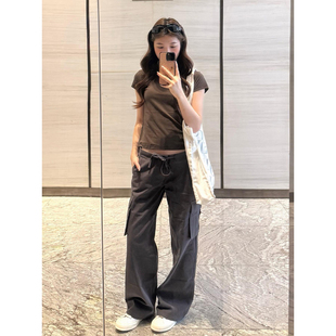 高个子加长美式机能风灰色低腰抽绳工装裤女夏季阔腿多口袋休闲裤