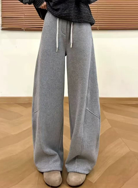 175高个子超长灰色高腰抽绳直筒休闲裤女冬加绒显瘦香蕉弯刀长裤