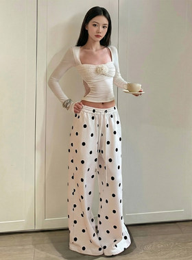 175高个子超长180波点白色松紧腰阔腿裤女2026春季沙滩度假休闲裤