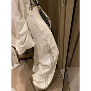 松弛感亚麻阔腿裤 高个子超长180棉麻拼接白色蕾丝休闲裤 女春夏季