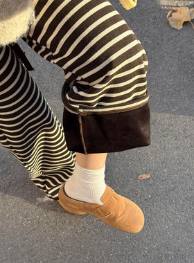180高个子175直筒慵懒条纹阔腿裤女松弛感针织百搭休闲裤显瘦长裤