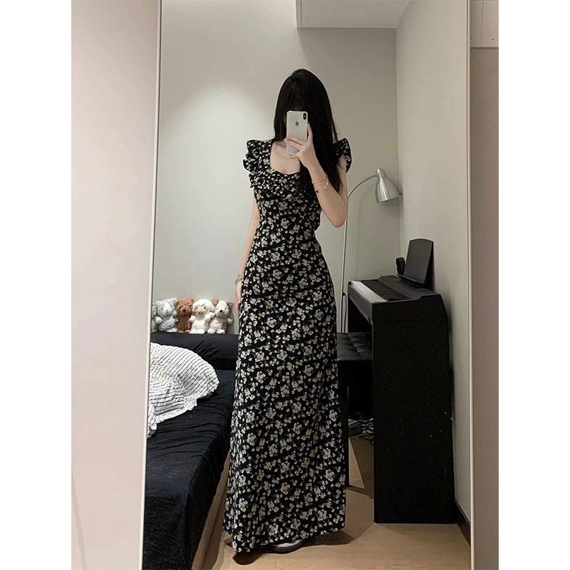 黑色碎花收腰长裙175高个子女生