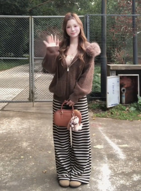 175高个子超长180咖色条纹休闲针织裤女抽绳垂感百搭阔腿拖地裤