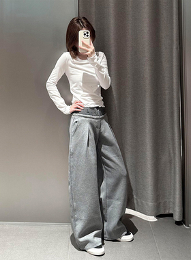 175高个子超长双腰头格子拼接阔腿裤女2026春款慵懒显瘦运动卫裤