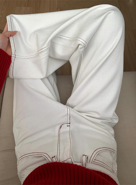 高个子加长复古白色明线直筒牛仔裤女2025春夏新款显瘦百搭阔腿裤