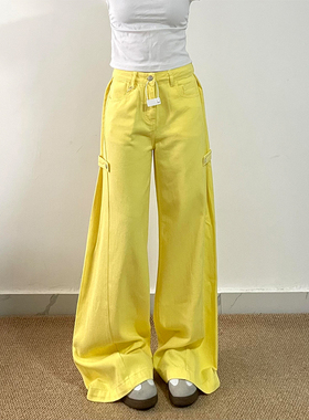 高个子加长复古柠檬黄搭扣设计感牛仔裤女夏新款高腰显瘦阔腿裤