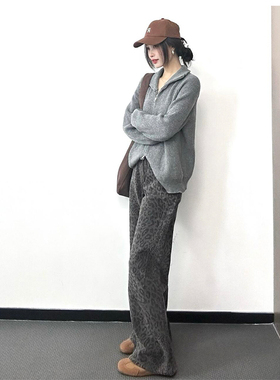 2025春新款街头风豹纹直筒牛仔裤女高个子加长高腰显瘦阔腿拖地裤