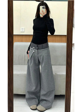 高个子超长175春季格纹拼接双腰头休闲裤女慵懒高级感显瘦弯刀裤