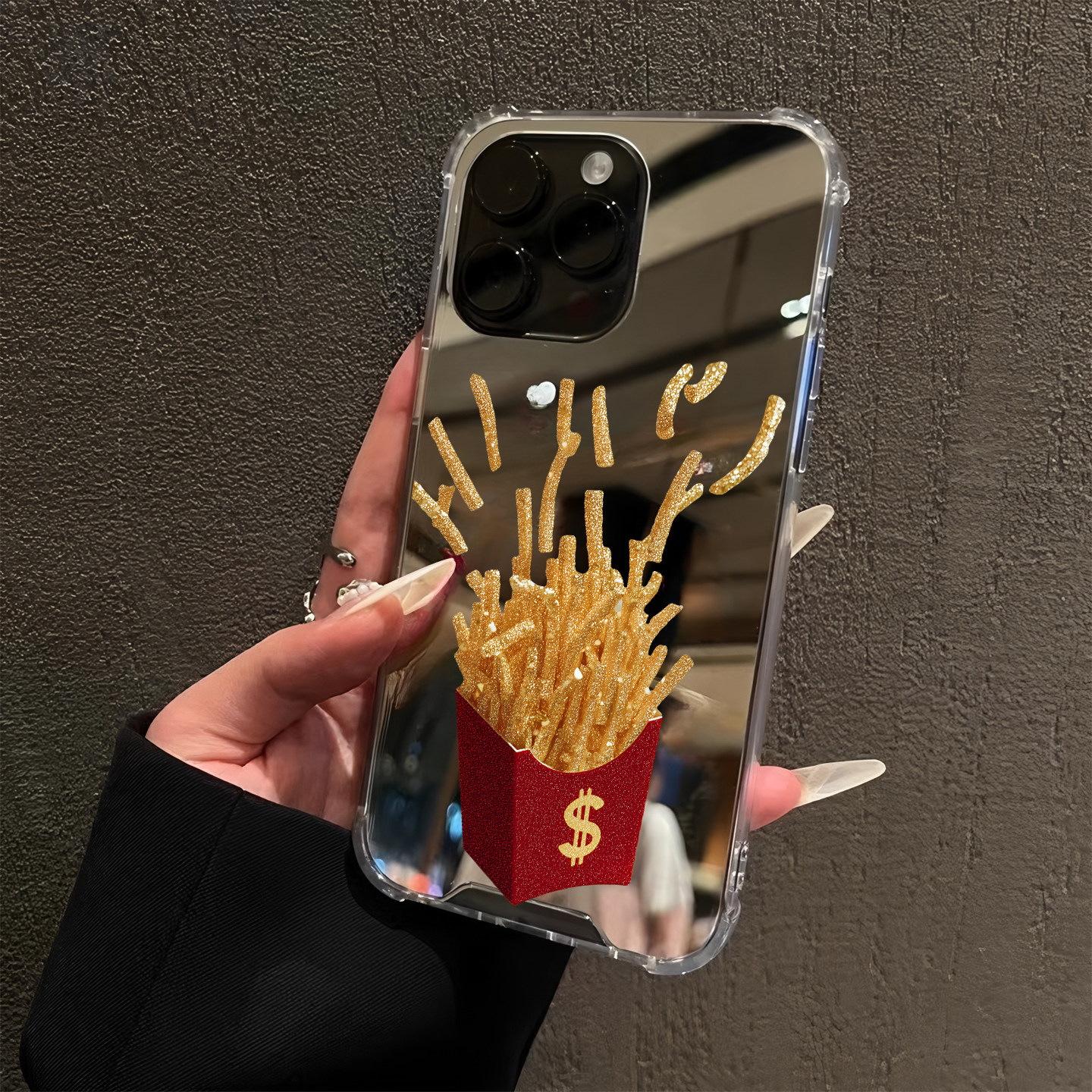 奢华M记黄金薯条适用iPhone17pro镜面16promax美元15Pro苹果14手机壳xsmax补妆13招财12简约xr情侣7创意8plus