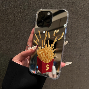 奢华M记黄金薯条适用iPhone17pro镜面16promax美元 15Pro苹果14手机壳xsmax补妆13招财12简约xr情侣7创意8plus