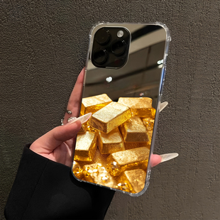 治愈系金灿灿金砖适用iPhone17pro镜面16promax创意15Pro苹果14手机壳xsmax补妆13软12招财xr黄金6情侣8plus