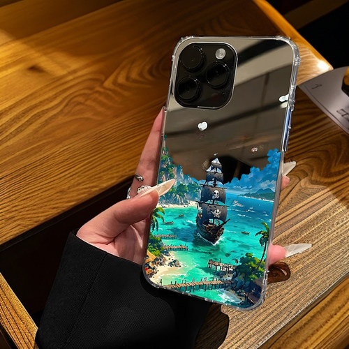 夏日风景海盗船适用iPhone16promax镜面15promax高级感14Pro苹果11手机壳xsmax创意13简约12情侣78plus补妆xr
