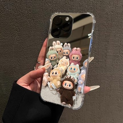 可爱labubu适用iPhone16pro镜面15promax简约14Pro苹果11手机壳xsmax补妆13情侣7/8plus卡通12镜子6p公仔xr潮