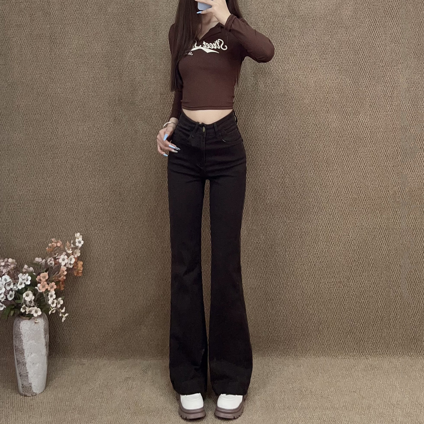 咖色高腰微喇牛仔裤女修身显瘦弹力小个子拖地长裤子复古辣妹风