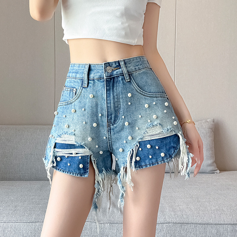 珍珠撞色牛仔短裤女夏季新款高腰显瘦小个子阔腿裤破洞热裤子钉珠