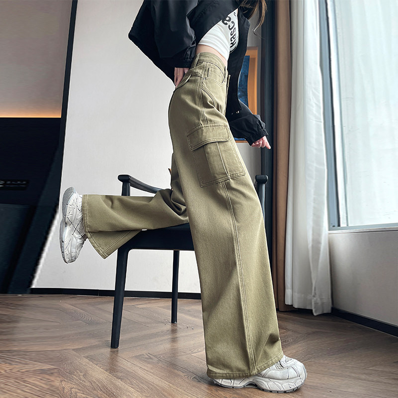 军绿大口袋工装阔腿牛仔裤女长裤春秋季新款高腰显瘦宽松拖地裤子,女装/女士精品,牛仔裤,淘宝优惠券,粉丝福利购,淘宝优惠卷