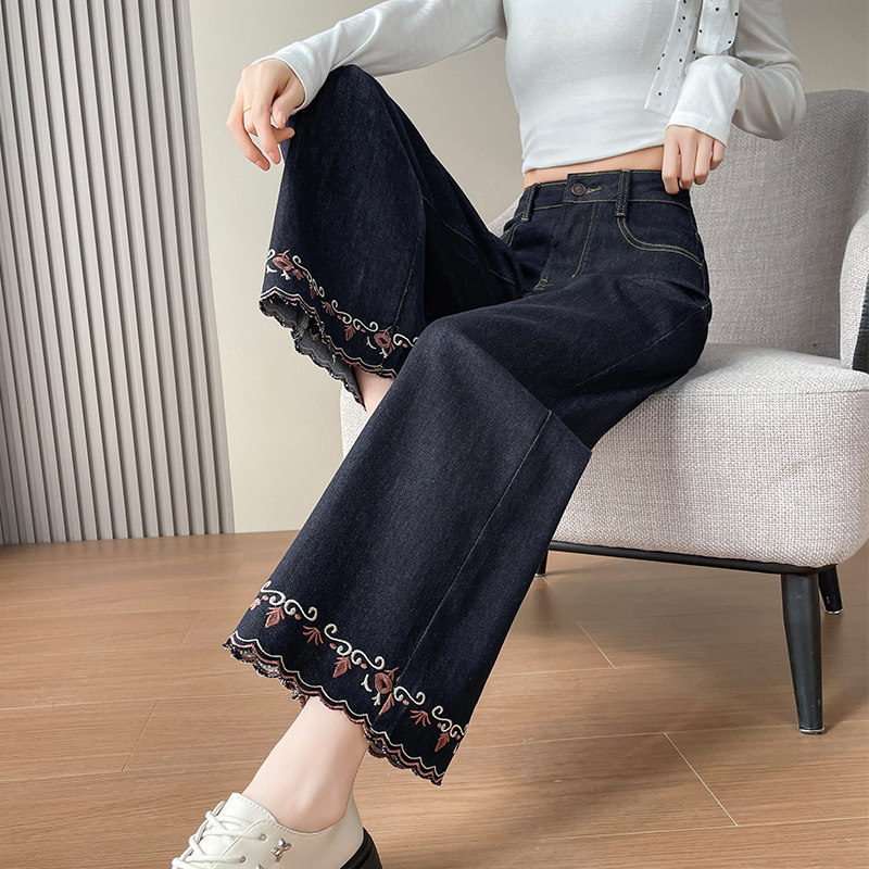花边刺绣黑金蓝阔腿牛仔裤女九分春秋季新款高腰显瘦宽松垂感裤子,女装/女士精品,牛仔裤,淘宝优惠券,粉丝福利购,淘宝优惠卷